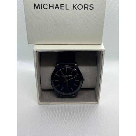Michael Kors Slim Runway MK8607 Men's Black Leather Strap Analog Dial Watch JMB4 - Picture 1 of 12